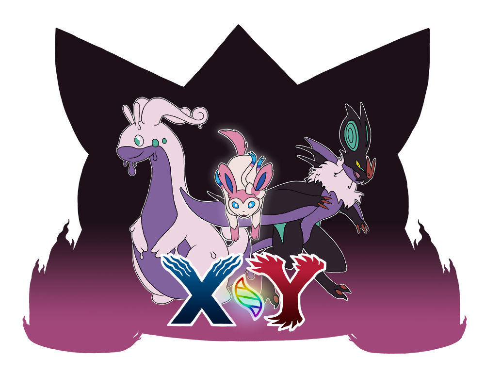xy hub logo, featuring mega gengar, sylveon, and other xy pokemon