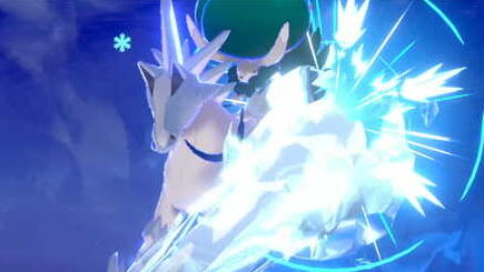 An image of Calyrex riding on Glastrier, charging at the viewer with an icicle.